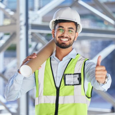 architecture-thumbs-up-and-portrait-of-happy-man-2025-04-06-00-29-12-utc Architecture, thumbs up and portrait of happy man with blueprint at construction site, agreement an.