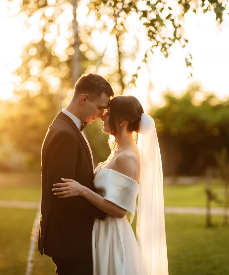 young couple the groom in a black suit and the bride in a white young couple the groom in a black suit and the bride in a white short dress on a walk in the village